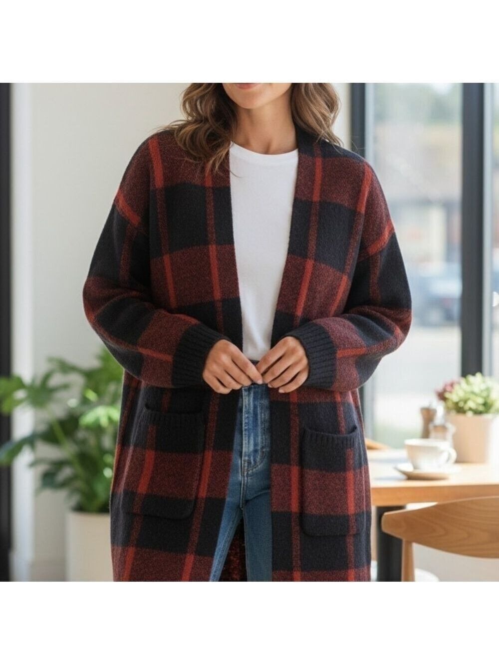 Atmosphere Rust Red & Black Plaid Open-Front Cardigan Small Alpine Western